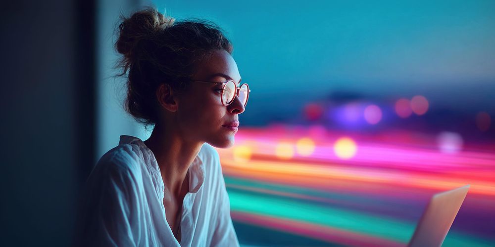 eine junge Frau arbeitet am Laptop (abends mit verzerrten Abendlichtern im Hintergrund)