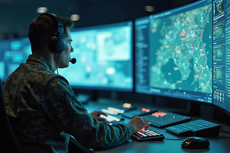 Soldat vor Bildschirmen im Kontrollraum mit Computern zur &Uuml;berwachung 