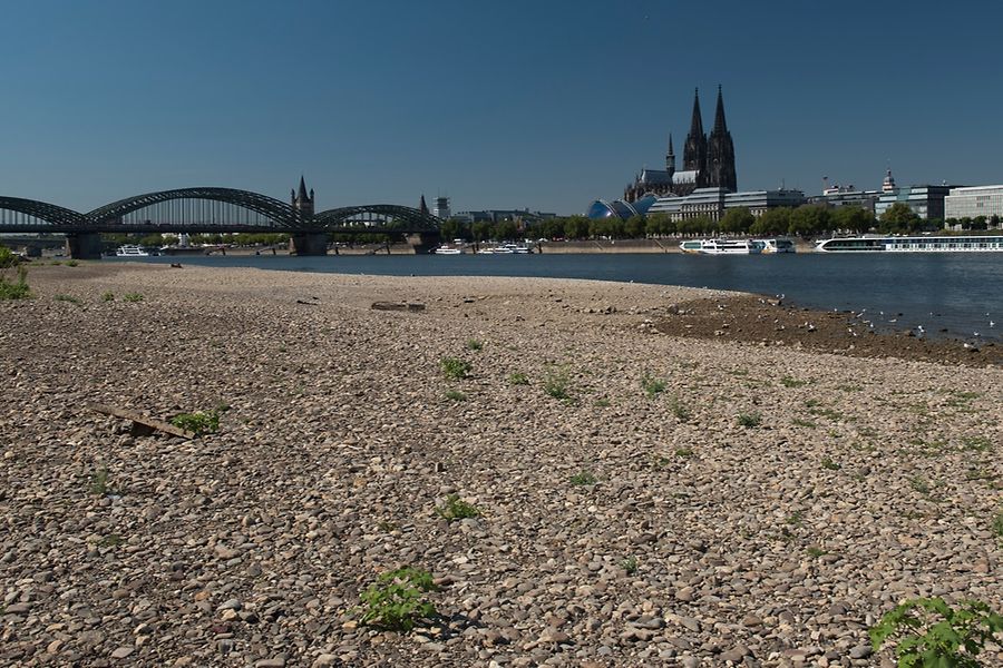 Kölner Dom und die Hohenzollernbrücke bei Niedrigwasser des Rheins