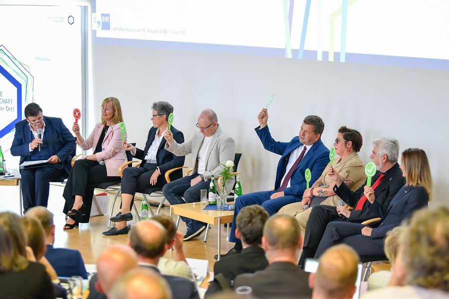 Podiumsdiskussion mit Abstimmungsschildern