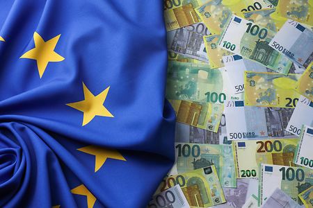Euro-Geldscheine neben EU-Fahne.
