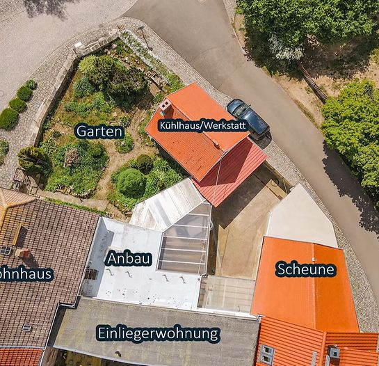 Luftaufnahme eines Grundstücks mit Wohnhaus, Nebengebäuden und Garten.