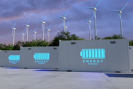 Energy,Storage,Systems,With,Wind,Turbines,,Net,Zero,Emissions,Concept.