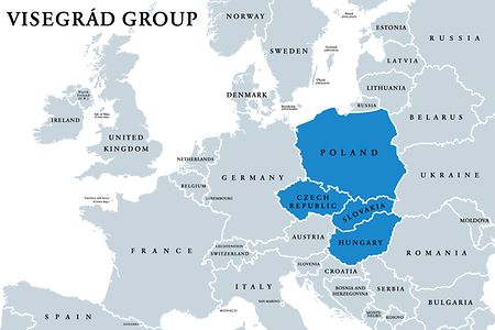 gezeichnete Karte, auf der in blau die Visegrad-Staaten eingezeichnet sind