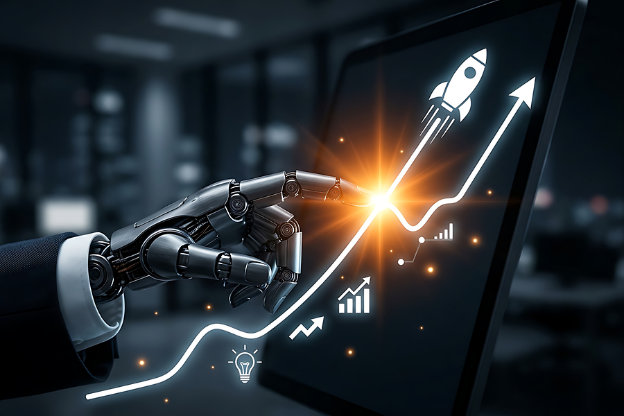 Roboterhand die Erfolg durch Touchscreen auslöst.
