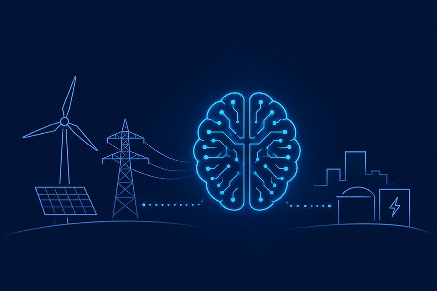 Netzwerk mit Strommast und Windenergieanlage