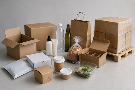 Verschiedene Verpackungsarten und Verpackungsmaterialien.