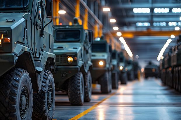 Rows of military vehicles are positioned in a large assembly factory illuminated by bright industrial lights at night