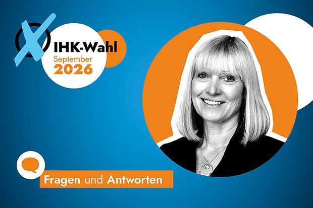 Susanne Szczesny-O&szlig;ing mit Logo IHK-Wahl 2026 und Schriftzug Fragen und Antworten