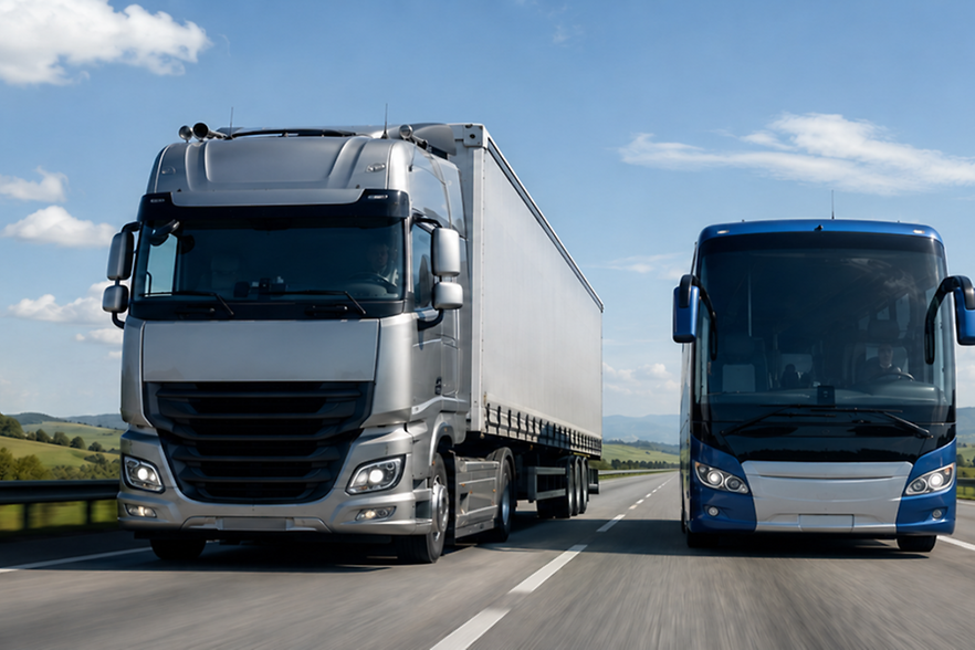 Lkw und Reisebus fahren nebeneinander auf einer Autobahn