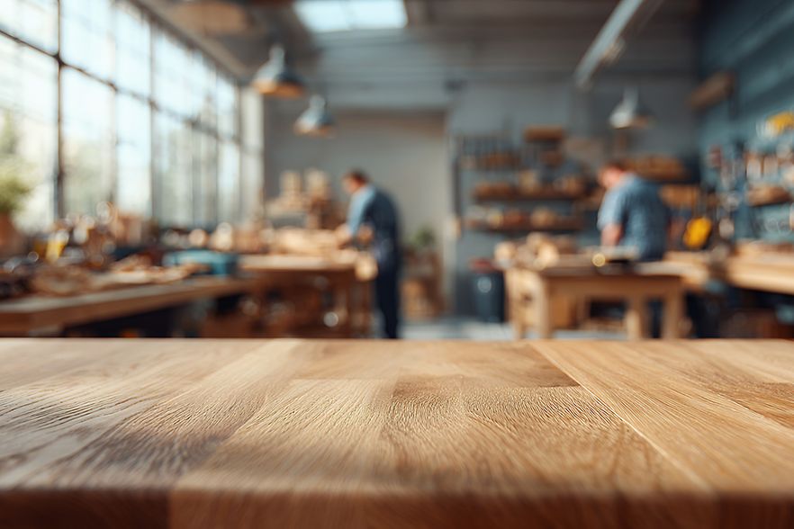 Hintergrundbild einer Holzwerkstatt mit Arbeitsfl&auml;chen und unscharfem Werkstattumfeld.