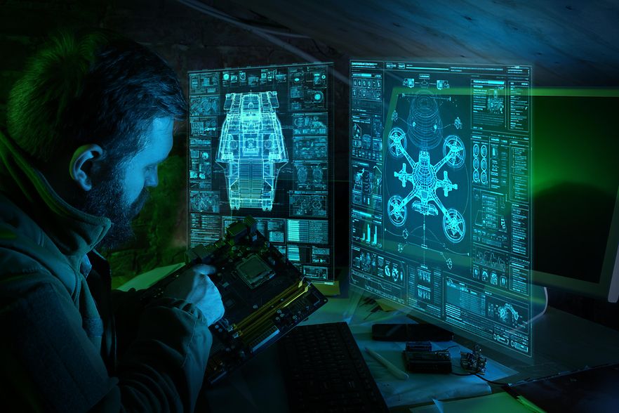 Engineer repairing electronics with drone system hologram military technology.