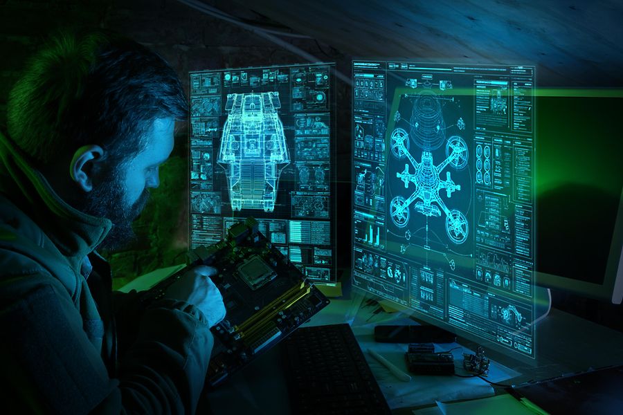Engineer repairing electronics with drone system hologram military technology.