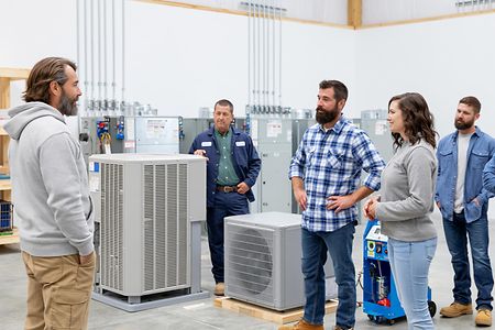 Gruppe von Technikern im Gespr&auml;ch &uuml;ber HVAC-Anlagen.