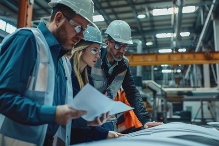 Ein Ingenieurteam mit Schutzhelmen und Schutzbrillen 