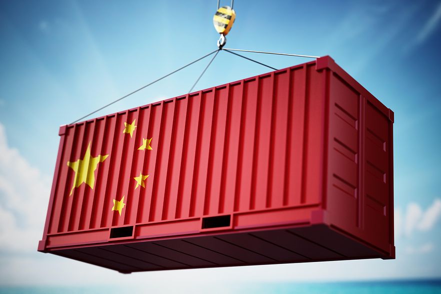Cargo container with flag of China against blue sky. 3D illustration