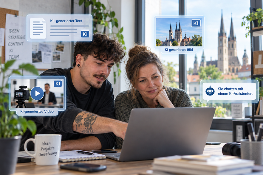 Zwei Personen arbeiten an einem Laptop und nutzen KI-gest&uuml;tzte Inhalte wie Text, Bild, Video und Chat-Assistent.