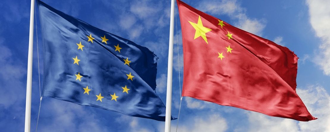 Waving,Flags,Of,The,European,Union,And,China,Together,On