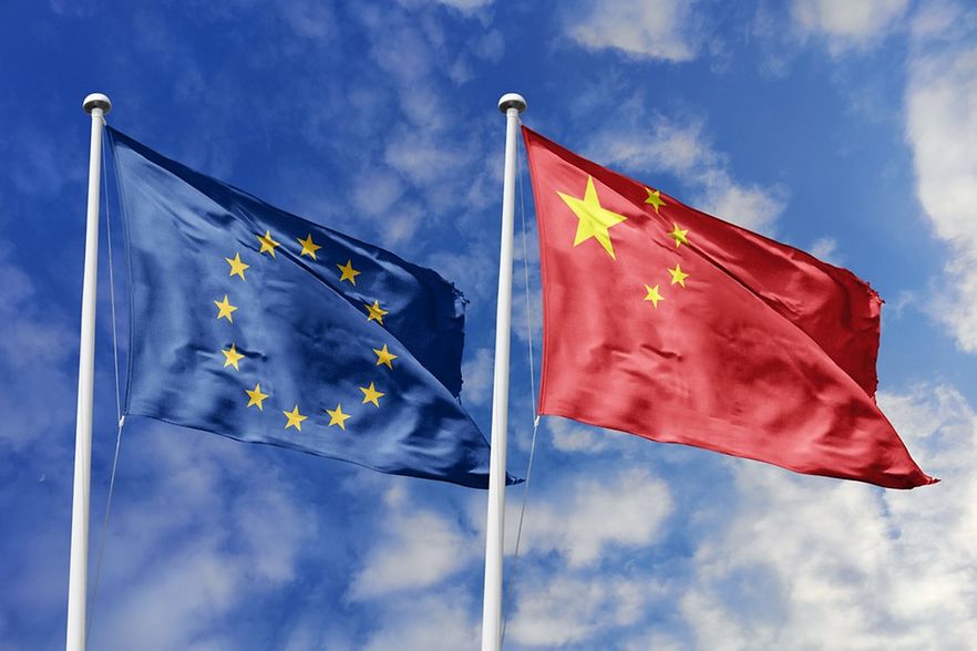 Waving,Flags,Of,The,European,Union,And,China,Together,On