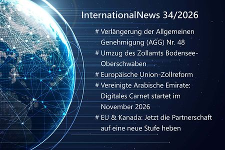 Das Bild zeigt eine Weltkugel mit Netzstruktur und einen Text, welcher auf die Inhalte der InternationalNews hinweist.