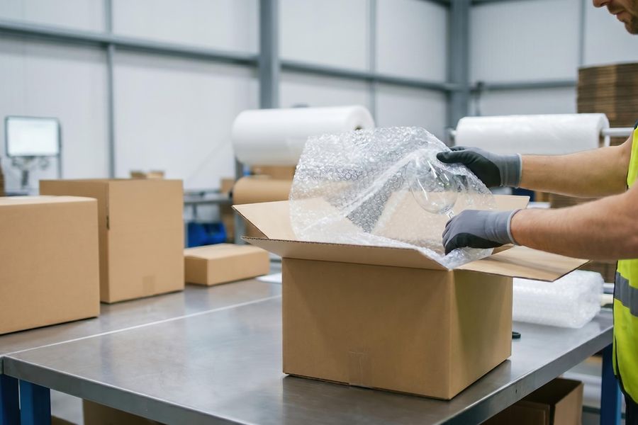 Warehouse worker wrapping a fragile glass with bubble wrap and packing it into a cardboard box for safe shipping.
