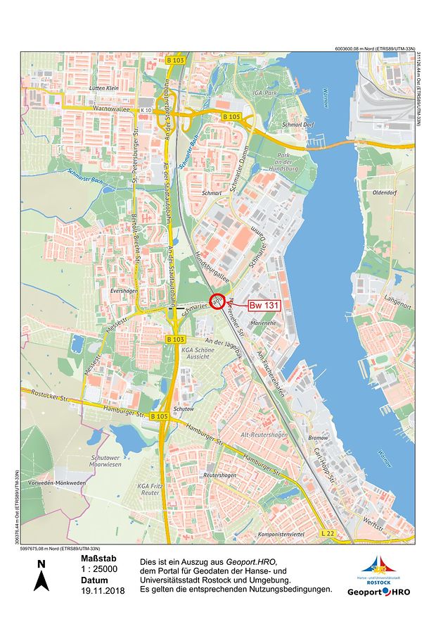 Das Bild zeigt eine Kartenansicht der Stadt Rostock, auf der die Brücke am Schmarler Damm rot markiert ist.