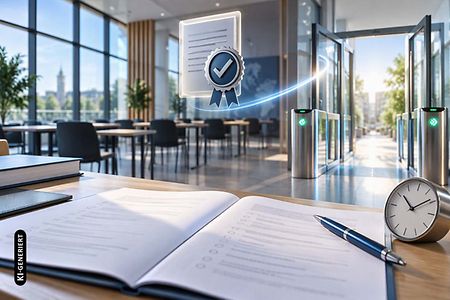 Dokument mit Pr&uuml;fsiegel auf Schreibtisch in Schulungsumgebung