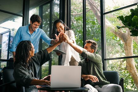 Business teamwork results are motivated by business success victory loyalty unity concept